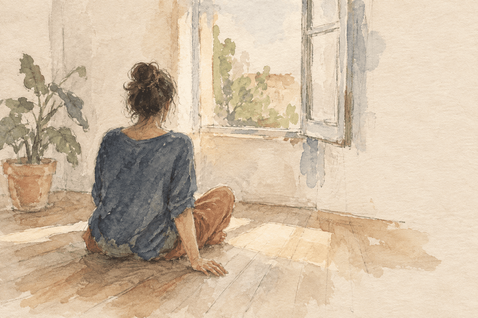 A person sits on a wooden floor by an open window in a loose pencil-and-watercolour drawing.